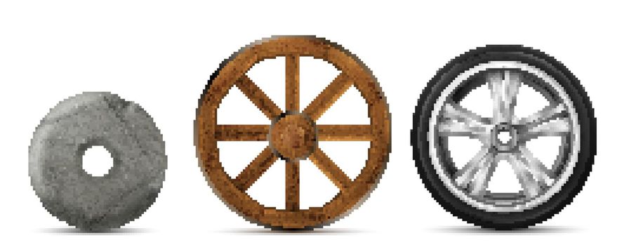 Evolution of stone, wooden and modern wheels