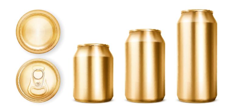 Gold tin cans for soda or beer in different views
