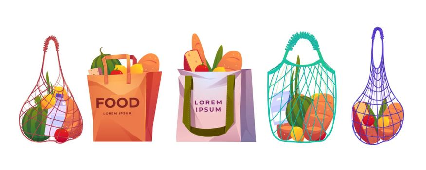 Net, paper and cotton shopping bags with grocery