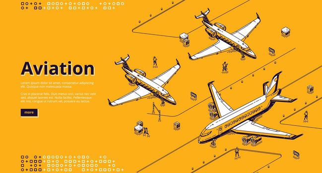 Aviation isometric landing page. Airplanes runway