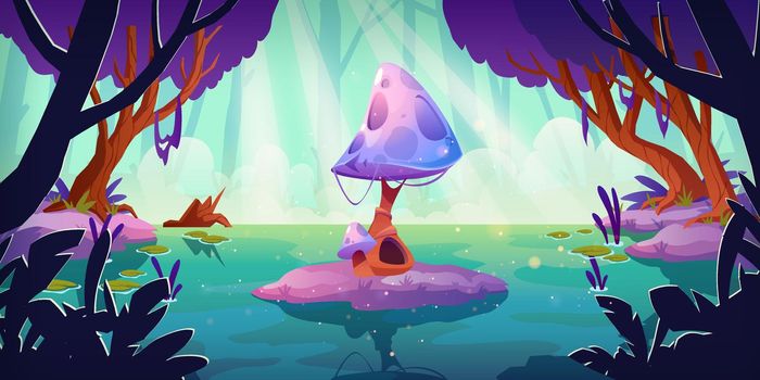 Fantasy landscape with huge mushroom in pond.