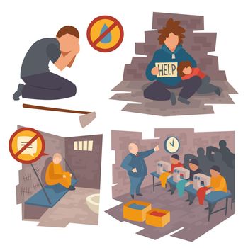 People in trouble, cartoon flat vector icons set