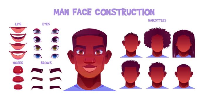 Black man face construction, avatar creation set