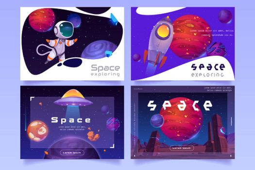 Space exploring posters with rocket and astronaut