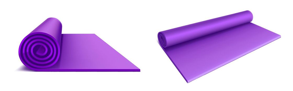 Yoga mat top and side view, purple rolled mattress