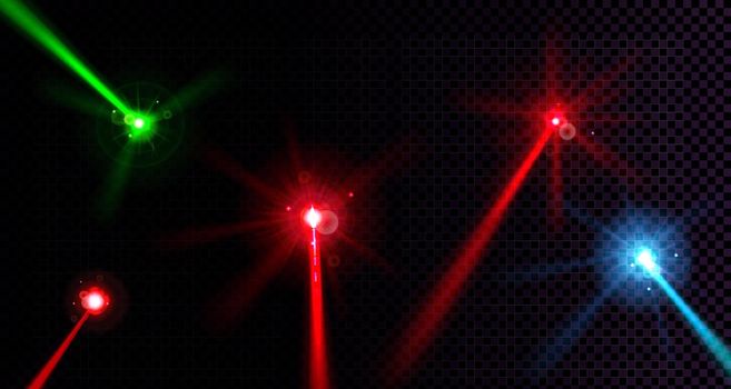 Red, green and blue laser beams with glow effect