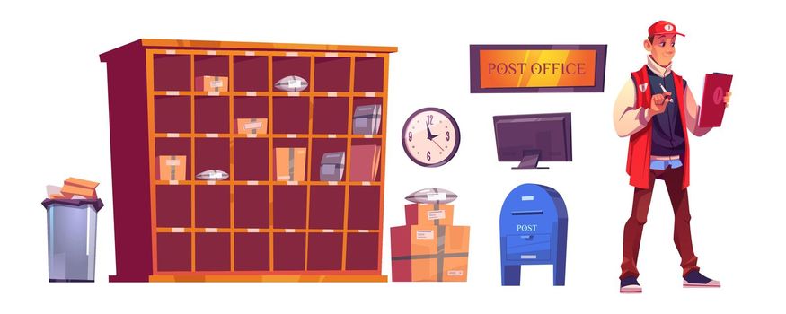 Postman and post office with parcels on shelves