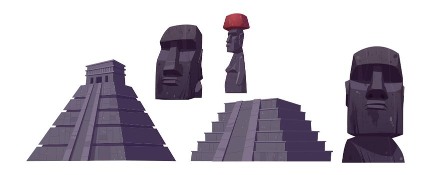 Ancient mayan pyramids and moai statues