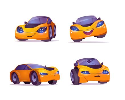 Cartoon car character express happy sad emotions