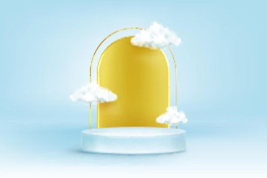 Round podium with golden arch and white clouds