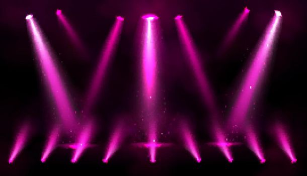 Stage lights, pink spotlight beams with sparkles