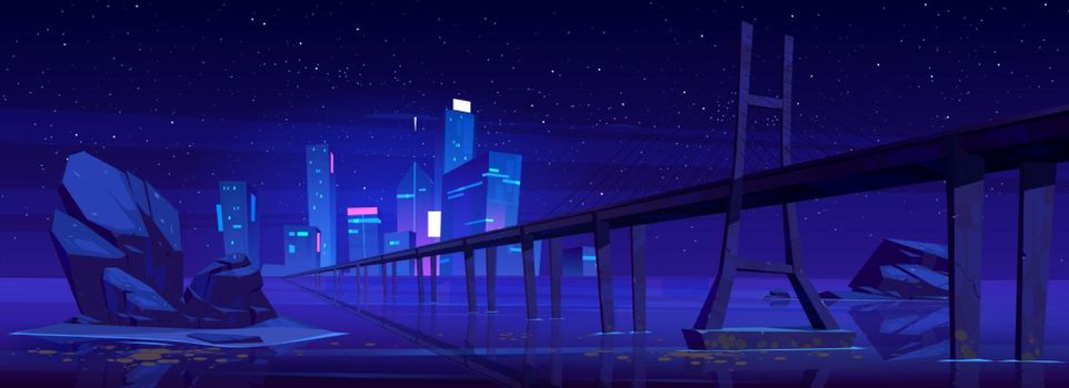 City skyline with buildings and bridge at night