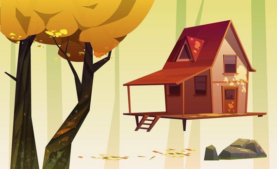 Autumn landscape with wood house and yellow tree