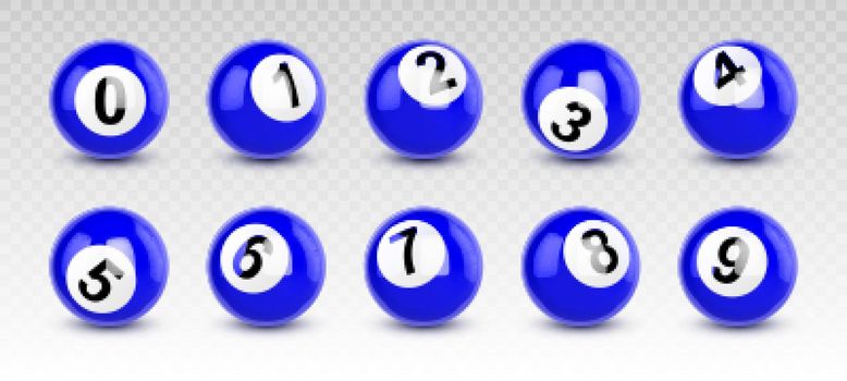 Blue billiard balls with numbers from zero to nine