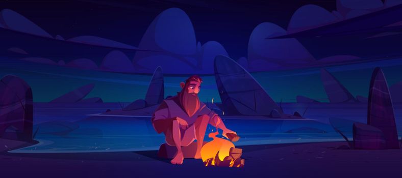 Castaway man on uninhabited island with bonfire