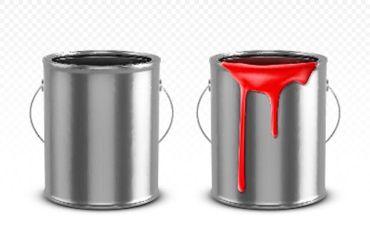 Paint can, tin bucket with red dripping drops