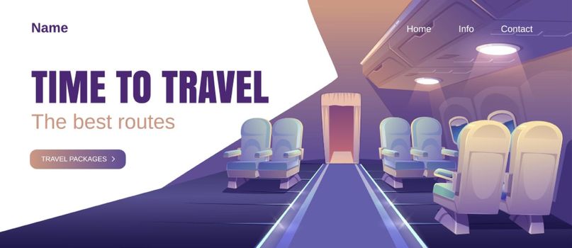 Time to travel banner with airplane cabin interior