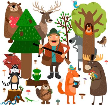 Forest animals and hunter. Vector illustration