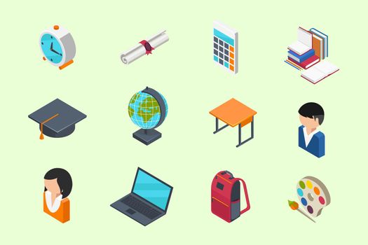 Education and School isometric 3d icons set in flat style