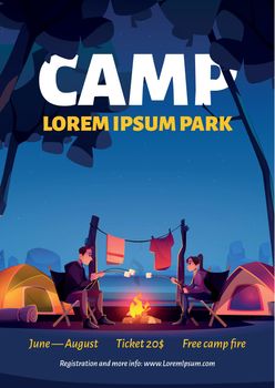 Summer camp with campfire in nature park poster