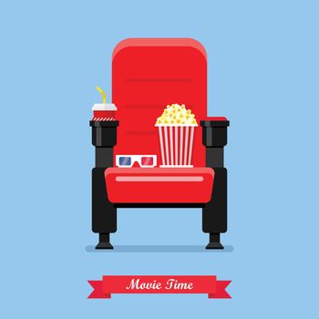 Cinema seat with popcorn drink and glasses