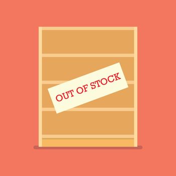 Out of stock sign on wooden shelves