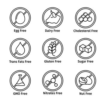 Food diet and GMO free icons set in line design style