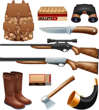 Hunting tackle and equipment icons set