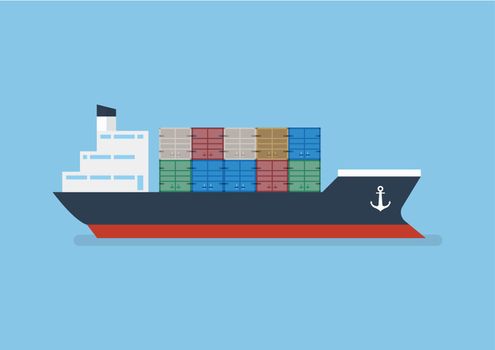 Container ship in flat style. Vector Illustration