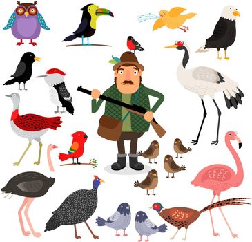 Fowling. Birds and Hunter vector illustration