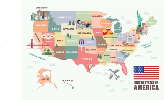 Map of the United States of America with Famous attractions