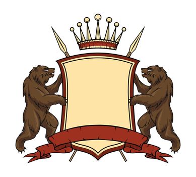 Heraldic logo element. Bears with shield and ribbon