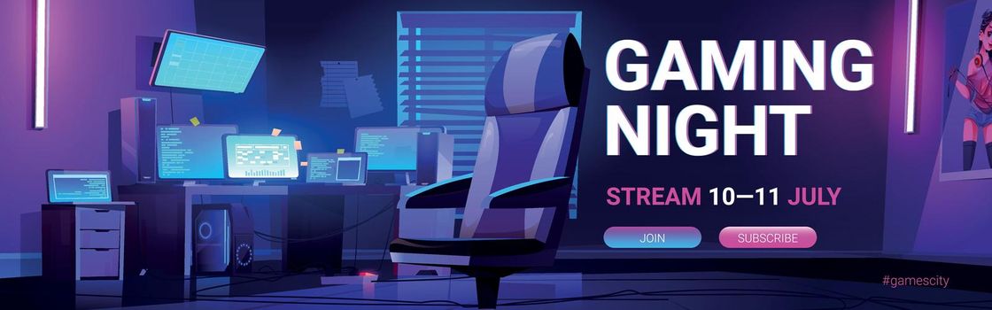 Gaming night stream banner with teen gamer room