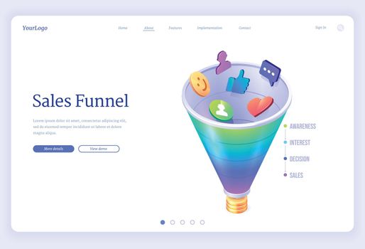 Sales funnel isometric landing, conversion rate