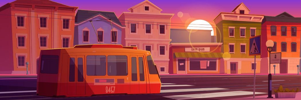 Tram riding on retro city street at sunset time