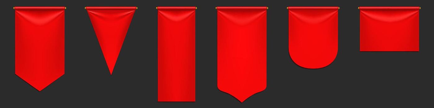 Red pennant flags mockup, blank hanging banners