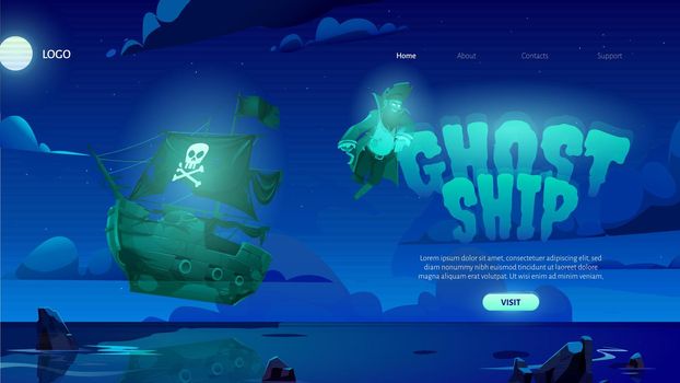 Ghost ship cartoon landing page with dead pirate