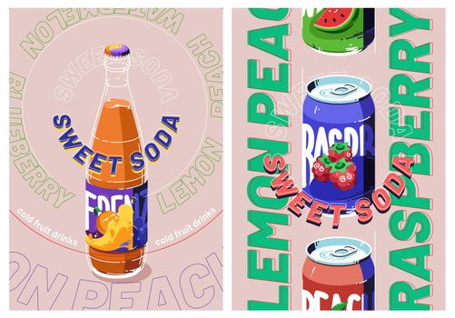 Sweet soda ads with drink in bottle and tin can