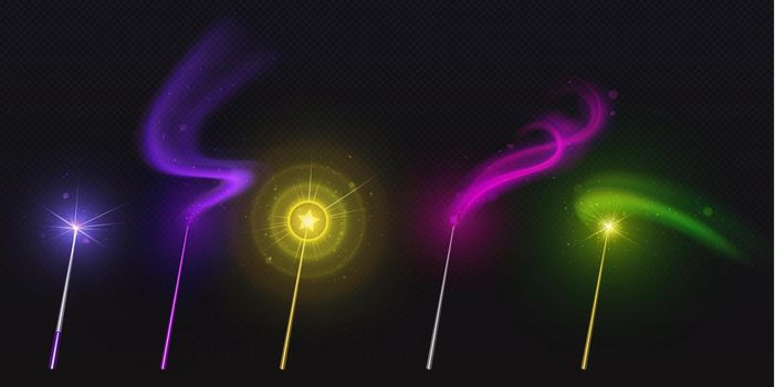Magic wands with star and glow sparkle trails