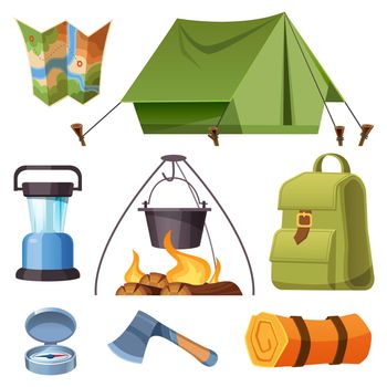 Set of camping equipment and stuff cartoon set