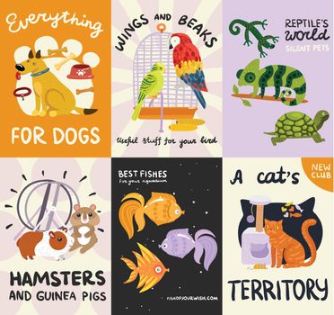 Pets posters and banners set with reptiles, fishes, stuffs for dog, cat, birds, rodents isolated vector illustration