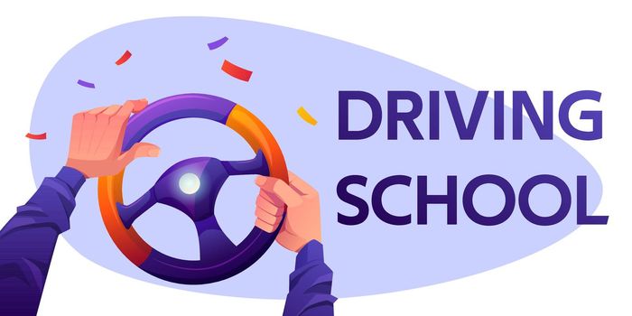 Driving school cartoon banner with driver hands