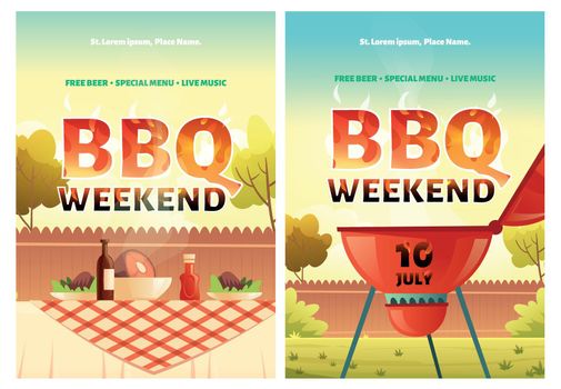 BBQ weekend cartoon posters, invitation for party