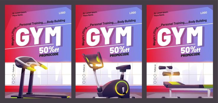 Gym cartoon poster with treadmill. Promo flyer