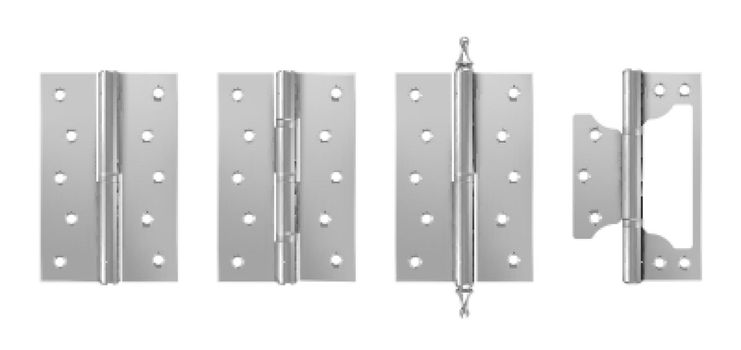Metal door hinges, silver construction hardware