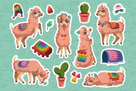 Set of stickers with Llama, Peru alpaca animal