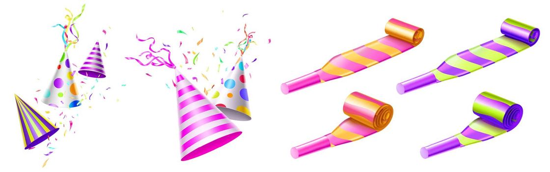 Party hats and horn blowers with color stripes