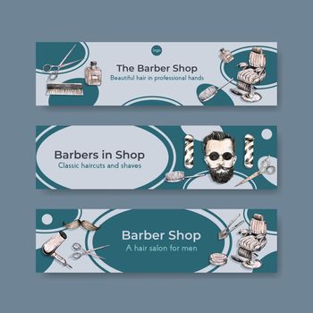 Banner template with barber concept design for advertise watercolor vector illustration.