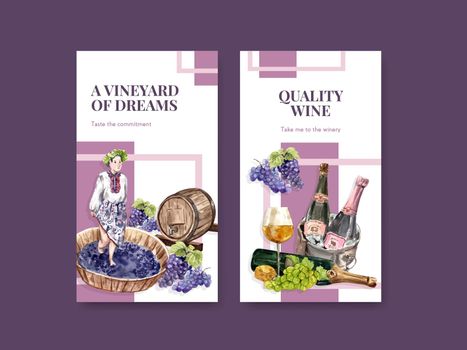 Instagram template with wine farm concept design for social media watercolor vector illustration.