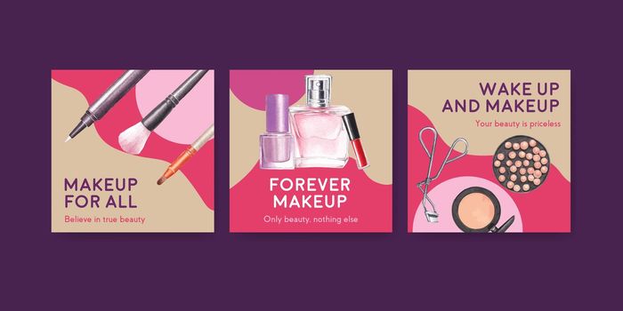Ads template with makeup concept design for marketing and business watercolor vector illustration.